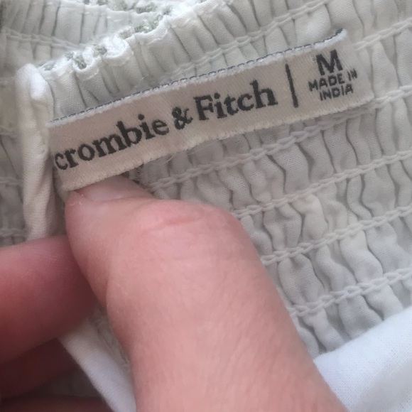 Abercrombie & Fitch Linen-Blend Ruched Squareneck Mini Dress in green print. - Picture 7 of 7